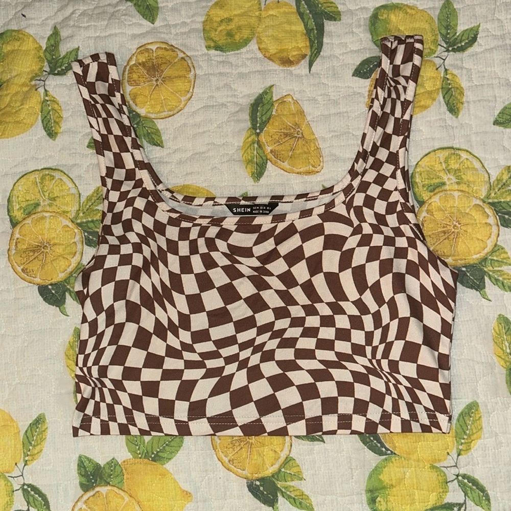 Cropped medium shein wavy checkered brown tank